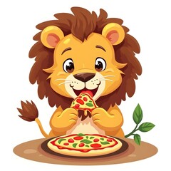 Cute Lion Eating Pizza Cartoon Vector Icon Illustration Animal Food Icon Concept Isolated Premium