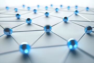 A close-up view of a network of interconnected blue spheres, resembling atoms or nodes in a molecular or digital structure. Concept Molecular Structure, Digital Connectivity, Atomic Representation