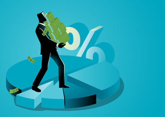 Businessman lifting a stack of money on a circular chart, representing profit sharing, dividends, and return on investment. Perfect for finance, investment, and business growth themes