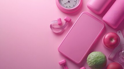 Pink fitness app mockup, healthy food, pastel background