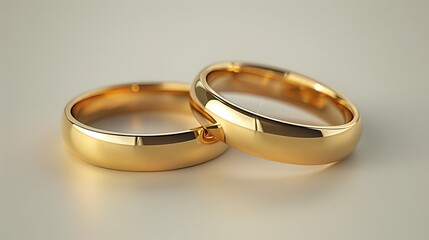 Golden Wedding Rings on white reflective background. 3D Rendering