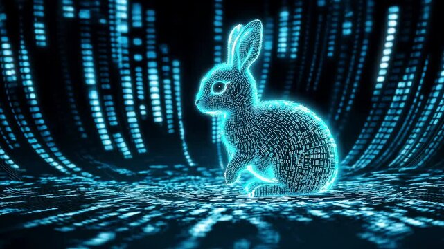 A glowing rabbit made of light appears amidst a vibrant display of streaming data, creating a mesmerizing digital environment