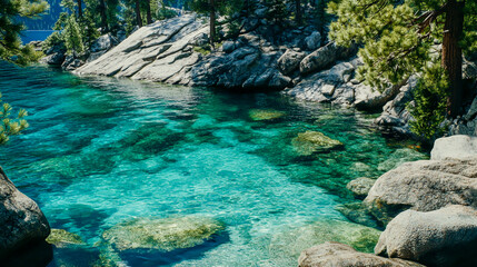 Scenic cove at Lake Tahoe with crystal-clear aqua blue waters, surrounded by majestic pine trees and smooth granite boulders