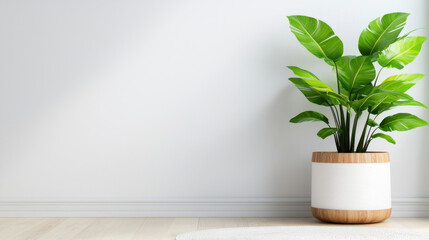modern indoor plant in stylish pot against minimalist wall