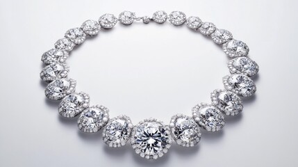 Obraz premium An exquisite image of a diamond necklace displayed against a clean white backdrop, with each diamond's brilliance and intricate setting clearly visible.