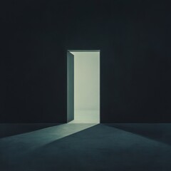 A minimalistic, abstract composition of a dark room with a slightly open door leading to a bright, overwhelming white light. 