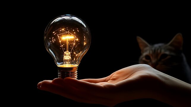 Hand holding glowing lightbulb; cat in background.