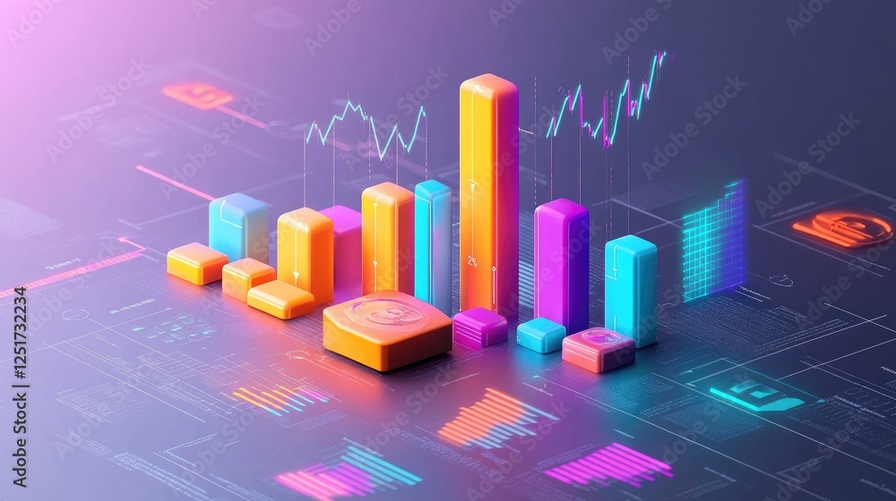 Poster an infographic-style image displaying a vibrant d bar chart alongside various data points, with arro