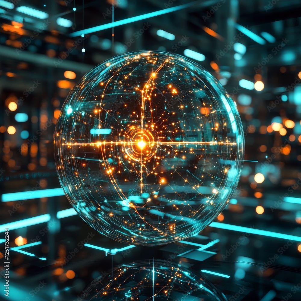 Poster glowing sphere with intricate patterns and lights, representing advanced technology and energy