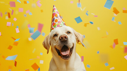 Happy cute dog wearing a party hat celebrating at a birthday party, surrounding by falling confetti on yellow background. Generative AI
