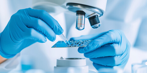 Precision gloved hands applying medical grade adhesive onto microchip circuit board surface under laboratory microscope, highlighting intricate electronic manufacturing techniques