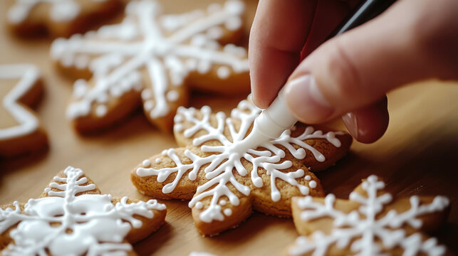 Decorating gingerbread cookies with royal icing for christmas holiday celebrations