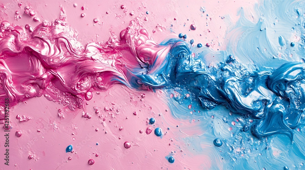 Poster a vibrant abstract artwork featuring swirling pink and blue paint with textured splashes, creating a