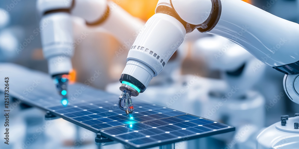 Poster robotic arms working on production line and building solar panel in automated factory, representing 