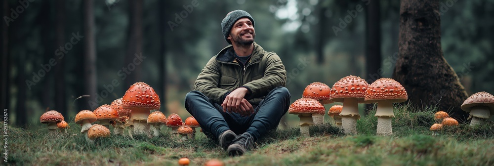 Aufkleber a man is sitting on the grass in front of a large group of mushrooms. he is smiling and he is enjoyi