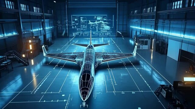 Advanced aircraft design takes place in a high tech hangar, highlighting intricate details and innovative technology