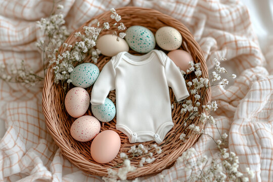 Baby bodysuit and easter eggs in wicker basket lying on blanket
