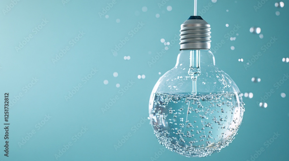 Poster a lightbulb filled with water and bubbles, suspended against a soft blue background, creating a uniq