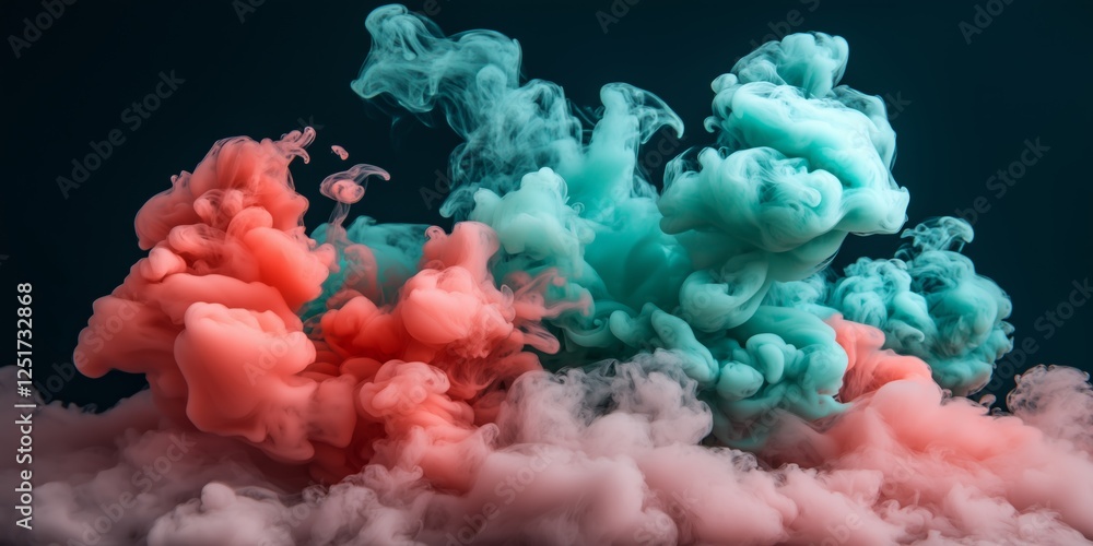 Poster colorful ink swirling, blending pink and turquoise hues, creating dynamic abstract patterns spreadin