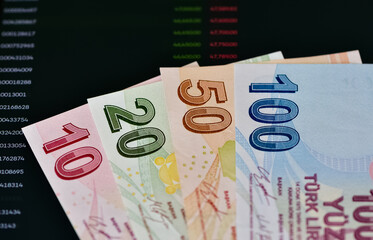 Images of banknotes of various countries. turkish lira photos.
