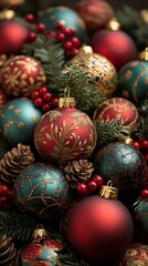Closeup of Festive Christmas Ornaments with Golden Decorative Accents