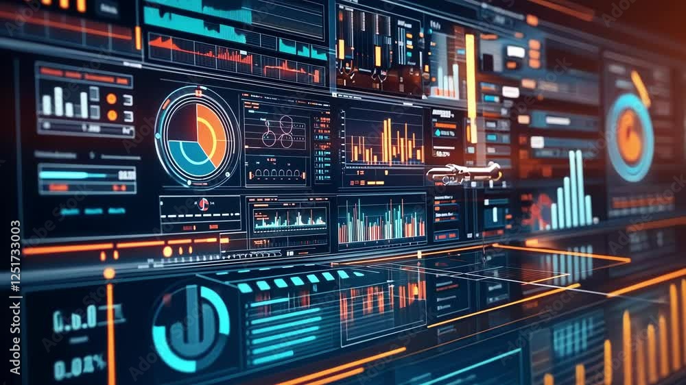 Poster complex digital interface displaying real time financial market data, charts, graphs, and key perfor