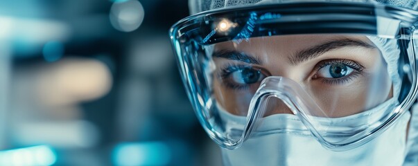 Female scientist wearing safety glasses and mask, working carefully in laboratory setting, blurred scientific equipment emphasizing research professionalism and meticulous approach