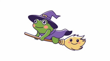 Vector illustration of a Cute Witch frog Flying With Magic Broom Cartoon , white background Generative aI