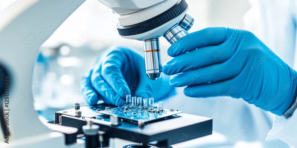 Poster close up of gloved hands adjusting a microscope to examine samples on a microchip, showcasing advanc