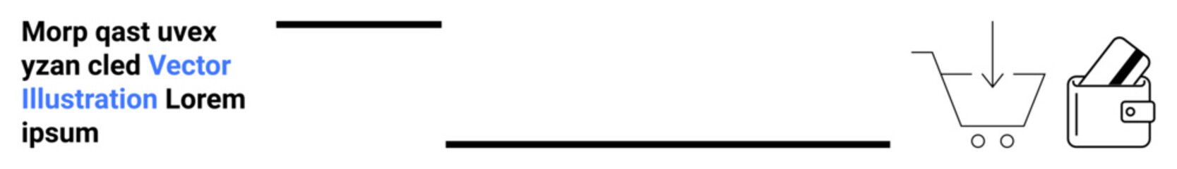 Shopping cart icon with arrow pointing down, indicating a product has been added. Adjacent, a wallet with credit cards. Ideal for e-commerce, online shopping, payment methods, checkout processes