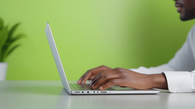 Close up of hands typing on laptop during virtual meeting in modern workspace