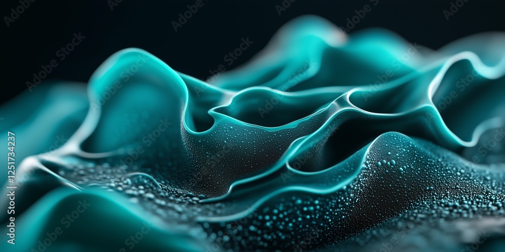 Poster turquoise waves undulating across dark background, translucent water droplets spreading across smoot