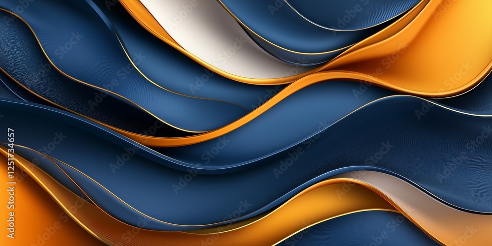 Poster undulating waves in deep blue and vibrant orange forming mesmerizing abstract pattern, golden lines 