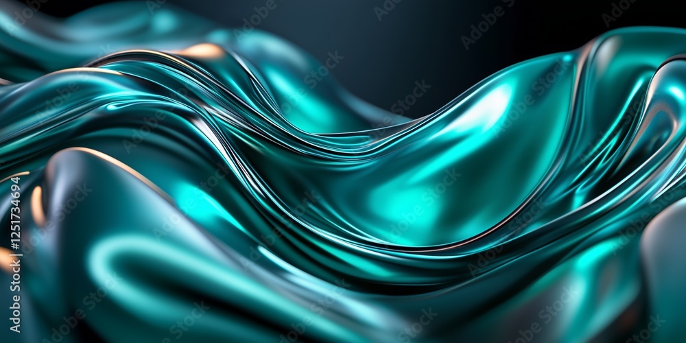 Poster teal metallic liquid flowing smoothly, generating elegant waves and dynamic curves with lustrous ref