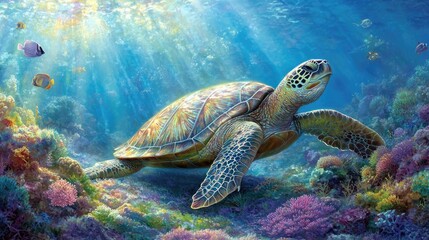 Fototapeta premium An underwater perspective of a sea turtle basking in the sunlight, with colorful corals and fish surrounding it, emphasizing the beauty of marine habitats
