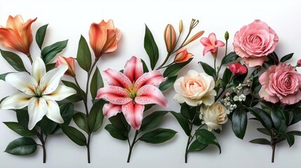Obraz premium Vibrant Floral Arrangement of Lilies and Roses with Green Leaves Isolated on White Natural Light Spring Bouquet Decoration