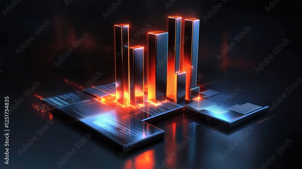 Poster a d bar graph with metallic bars representing financial growth, set against a dark background with g