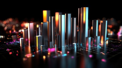 Obraz premium A D bar graph with metallic bars representing financial growth, set against a dark background with glowing data points and futuristic visual elements for impact.