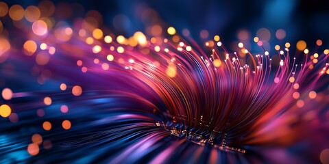 Luminous fiber optic cables glowing with blurred, vibrant light streams representing high speed digital communication and data transmission networks