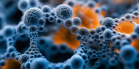 Organic cellular structures interconnecting, forming intricate biological networks with complex molecular patterns in vivid three dimensional scientific visualization