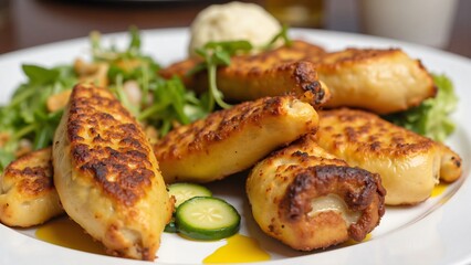 Delicious Crispy Fried Cheese Rolls with Fresh Salad and Cucumbers