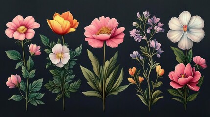 Colorful Tropical Flower and Leaf Set with Peony Magnolia Orchid Lily Tulip and Exotic Plants on Gray Background