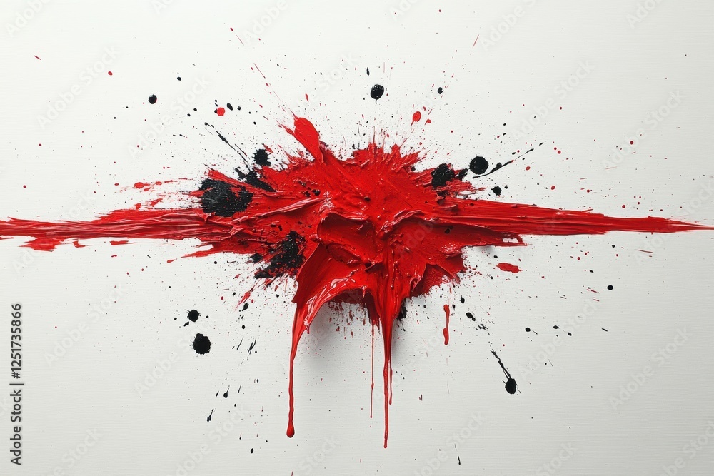 Poster abstract artwork featuring dynamic red and black paint splashes on a white background.