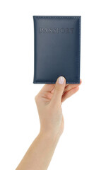 Obraz premium Woman holding passport in dark blue cover on white background, closeup