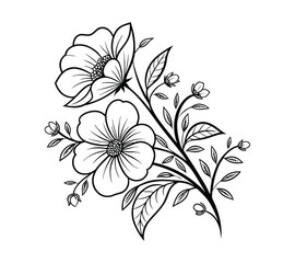Create a highly detailed black-and-white line art illustration of a floral arrangement. The design should feature three large flowers with symmetrical petals, intricate circular centers.