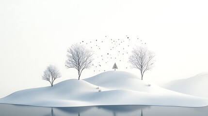 Minimalist winter scene snow-covered hills, leafless trees, and falling snow.
