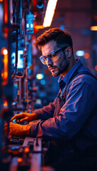 Fototapeta premium Focused engineer working with high-tech equipment in industrial setting