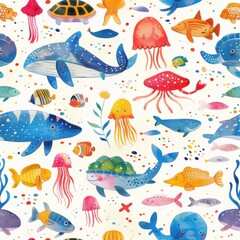 Naklejka premium Colorful Underwater Creatures Pattern Design