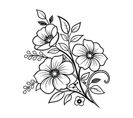 Create a highly detailed black-and-white line art illustration of a floral arrangement. The design should feature three large flowers with symmetrical petals, intricate circular centers.