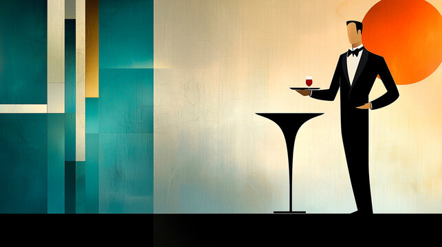 Vintage Waiter in Tuxedo with Cocktail Tray in Elegant Interior